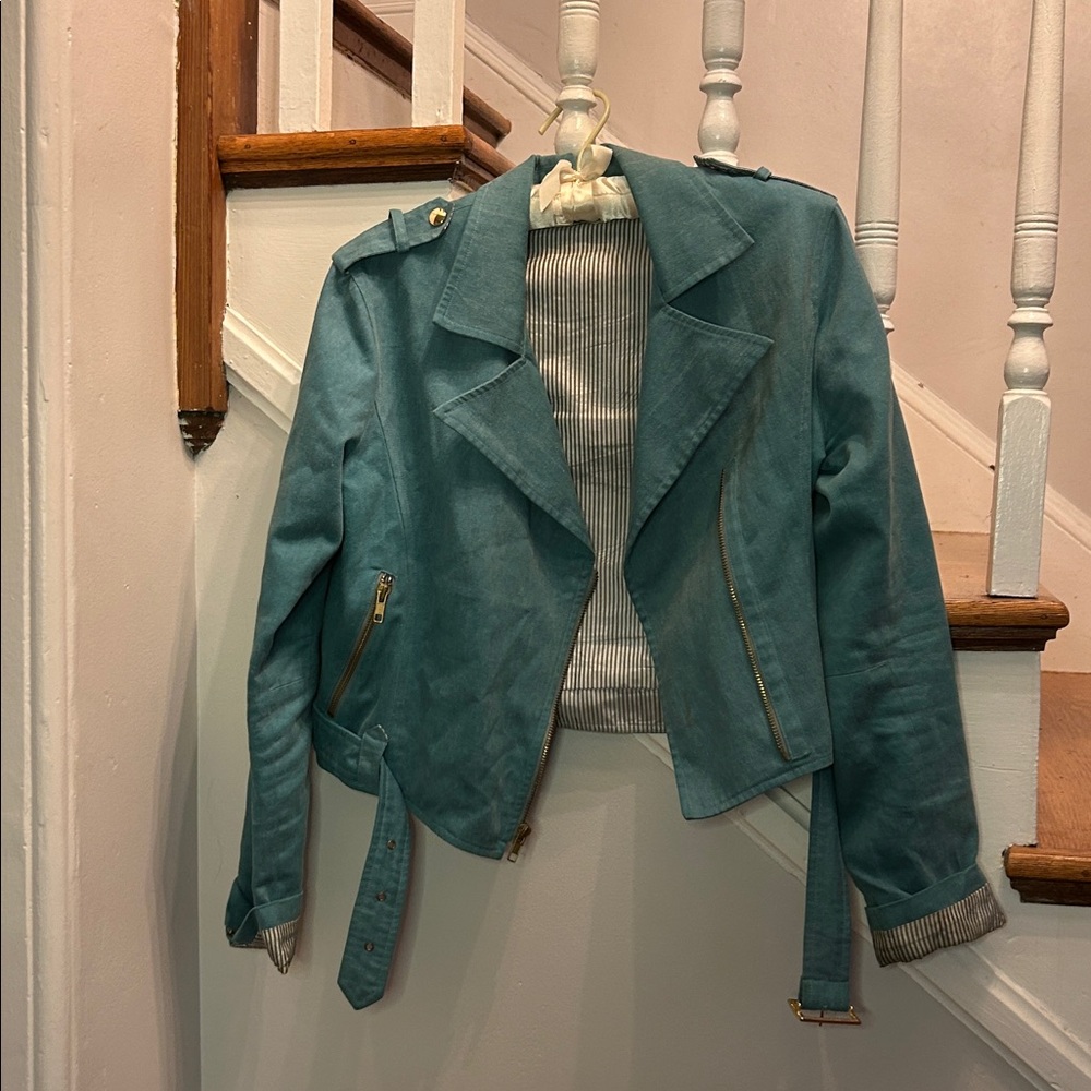 Teal Moto Jacket with Gold Zippers